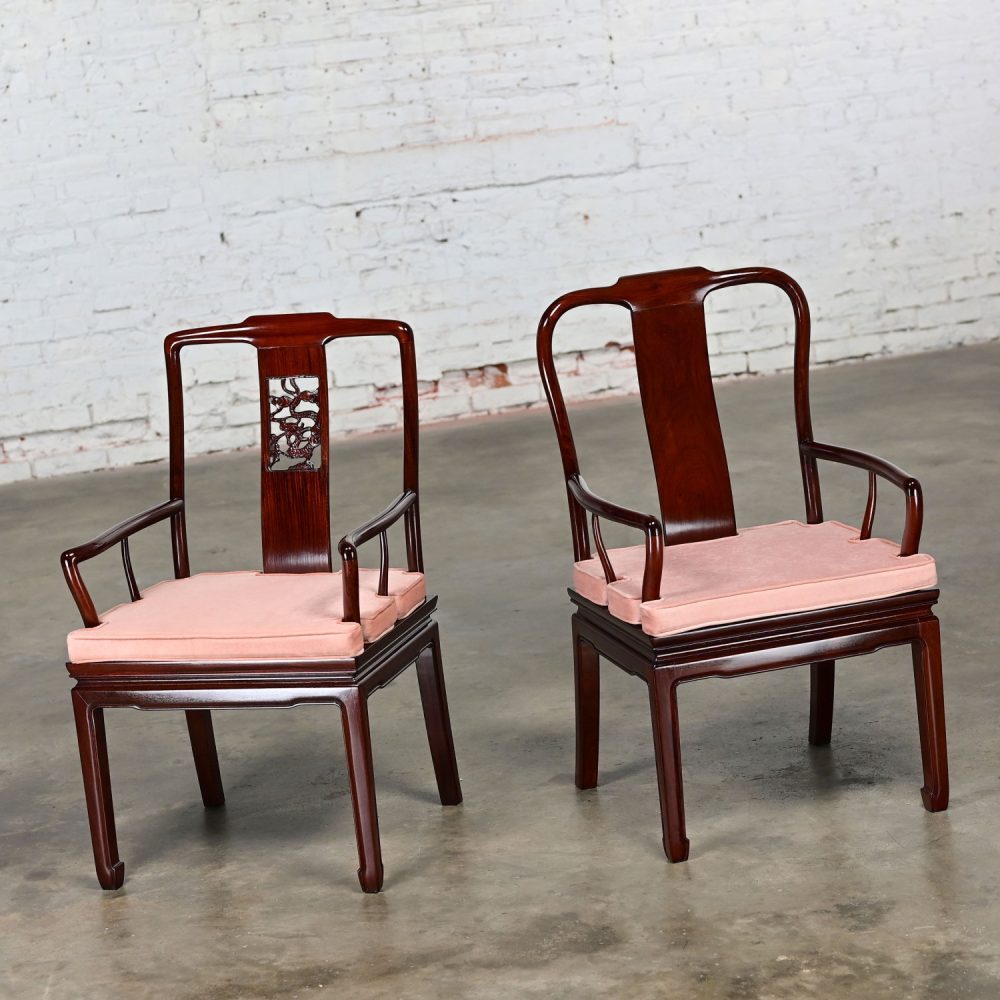 Late 20th Century Ming Style Rosewood Armchairs with Pink Velvet Seat Cushions Made in China a Pair