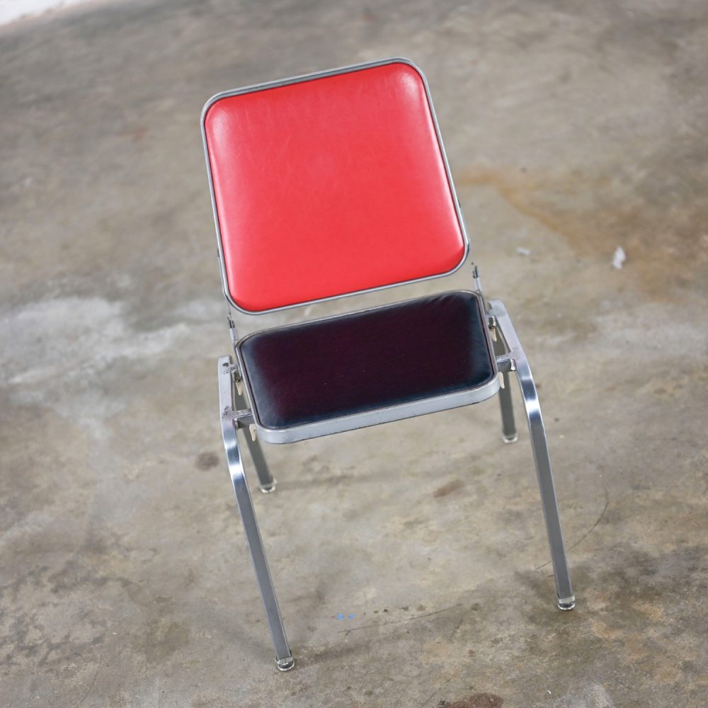 Mid-20th Century MCM Stackables Folding Chair Side Table by Krueger w/Steel Frame Red & Black Vinyl