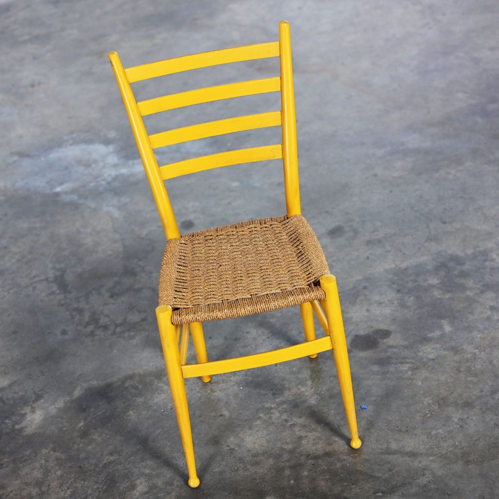 Early to Mid-20th Century Italian Gio Ponti Style Yellow Ladderback Side Chair Woven Seagrass Seat