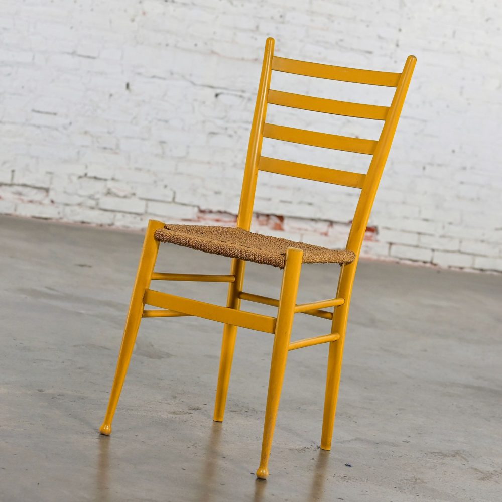 Early to Mid-20th Century Italian Gio Ponti Style Yellow Ladderback Side Chair Woven Seagrass Seat