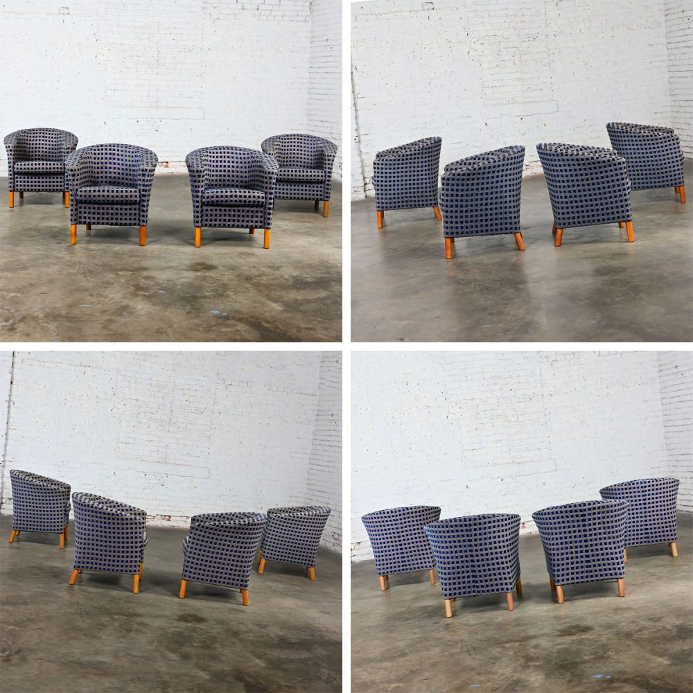 Late 20th Century Modern Petite Tub Chairs Navy Plaid Fabric & Maple Legs by Patrician Furniture Set of 4