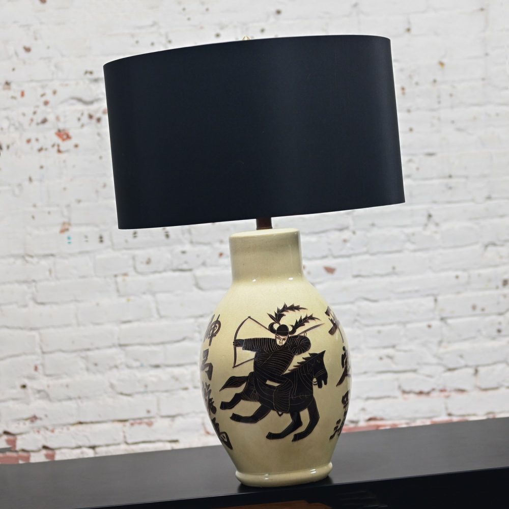 1960’s Asian Chinoiserie Style Large Scale Ceramic Table Lamp with Painted Warrior on Horse