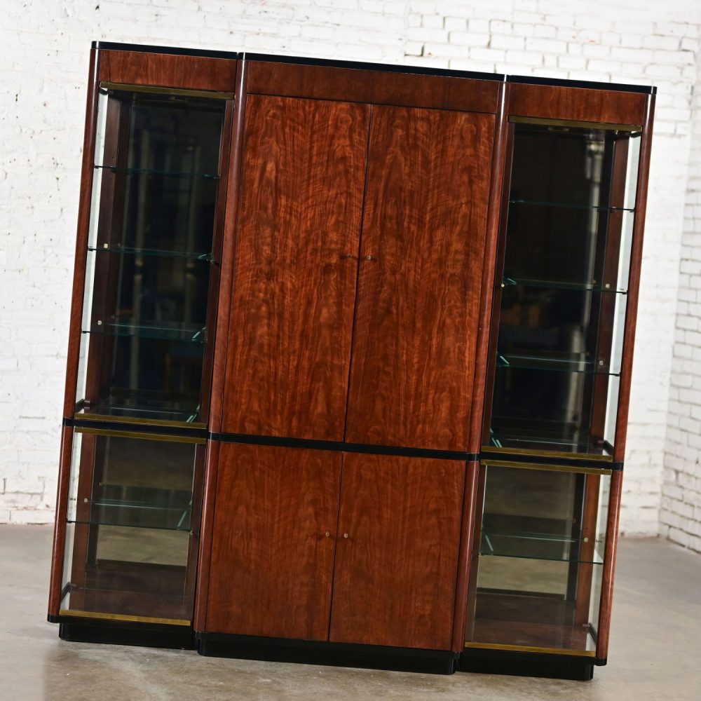 Late 20th Century Modern Black & Burl Drexel Heritage 3 Piece Lighted Wall Display Vitrine or Storage Unit