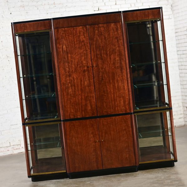 Late 20th Century Modern Black & Burl Drexel Heritage 3 Piece Lighted Wall Display Vitrine or Storage Unit