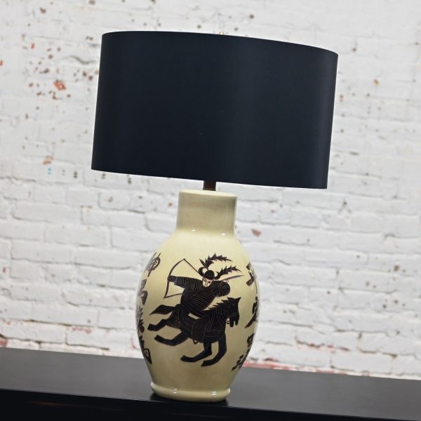 1960’s Asian Chinoiserie Style Large Scale Ceramic Table Lamp with Painted Warrior on Horse