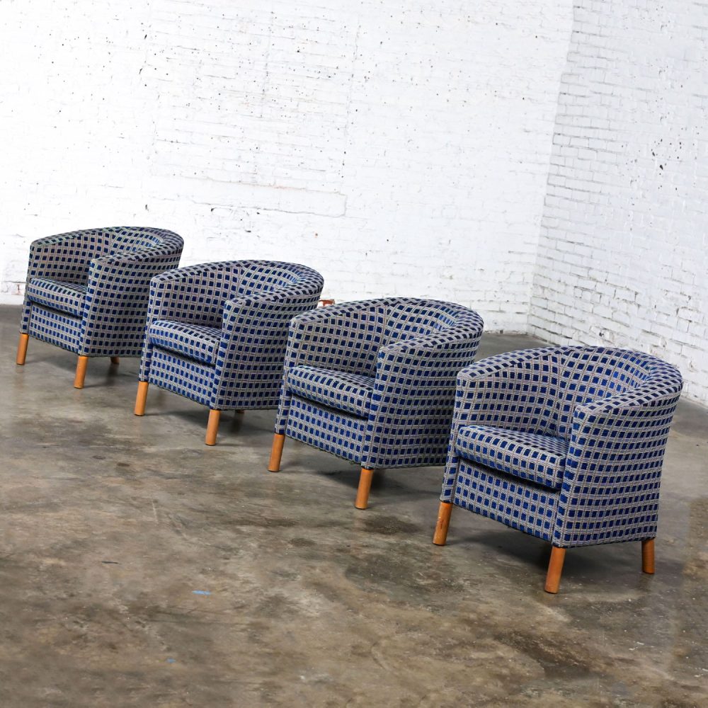 Late 20th Century Modern Petite Tub Chairs Navy Plaid Fabric & Maple Legs by Patrician Furniture Set of 4