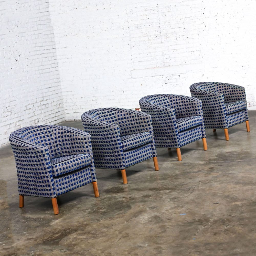 Late 20th Century Modern Petite Tub Chairs Navy Plaid Fabric & Maple Legs by Patrician Furniture Set of 4