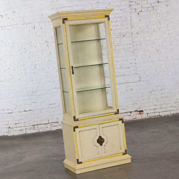 Late 20th Century Asian Chinoiserie & Campaign Style Lighted Narrow Display Cabinet Style of Drexel