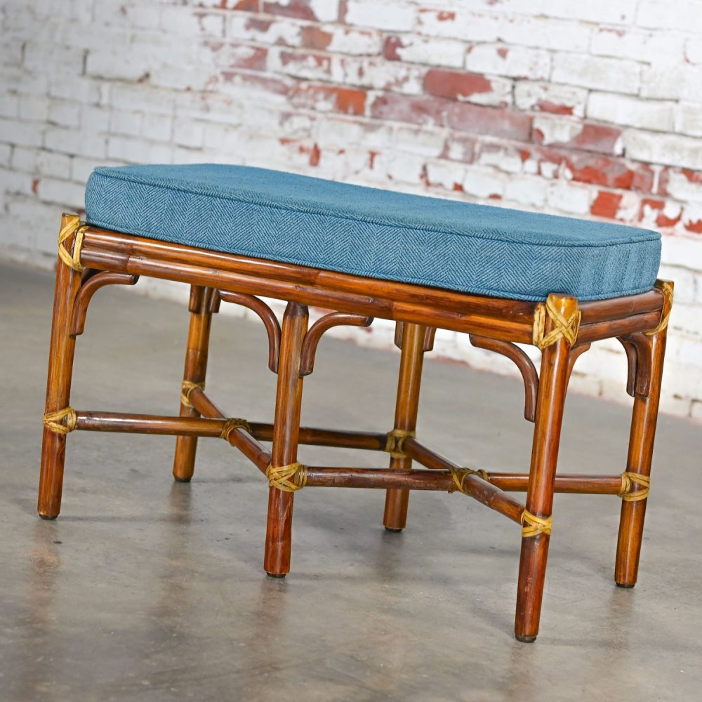 Late 20th Century Coastal Style Bench Rattan & Rawhide Wrapped by McGuire w/ Removeable Cushion