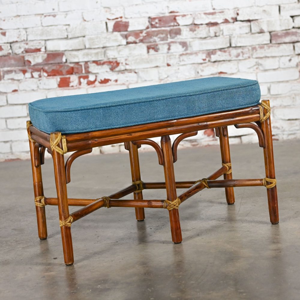 Late 20th Century Coastal Style Bench Rattan & Rawhide Wrapped by McGuire w/ Removeable Cushion