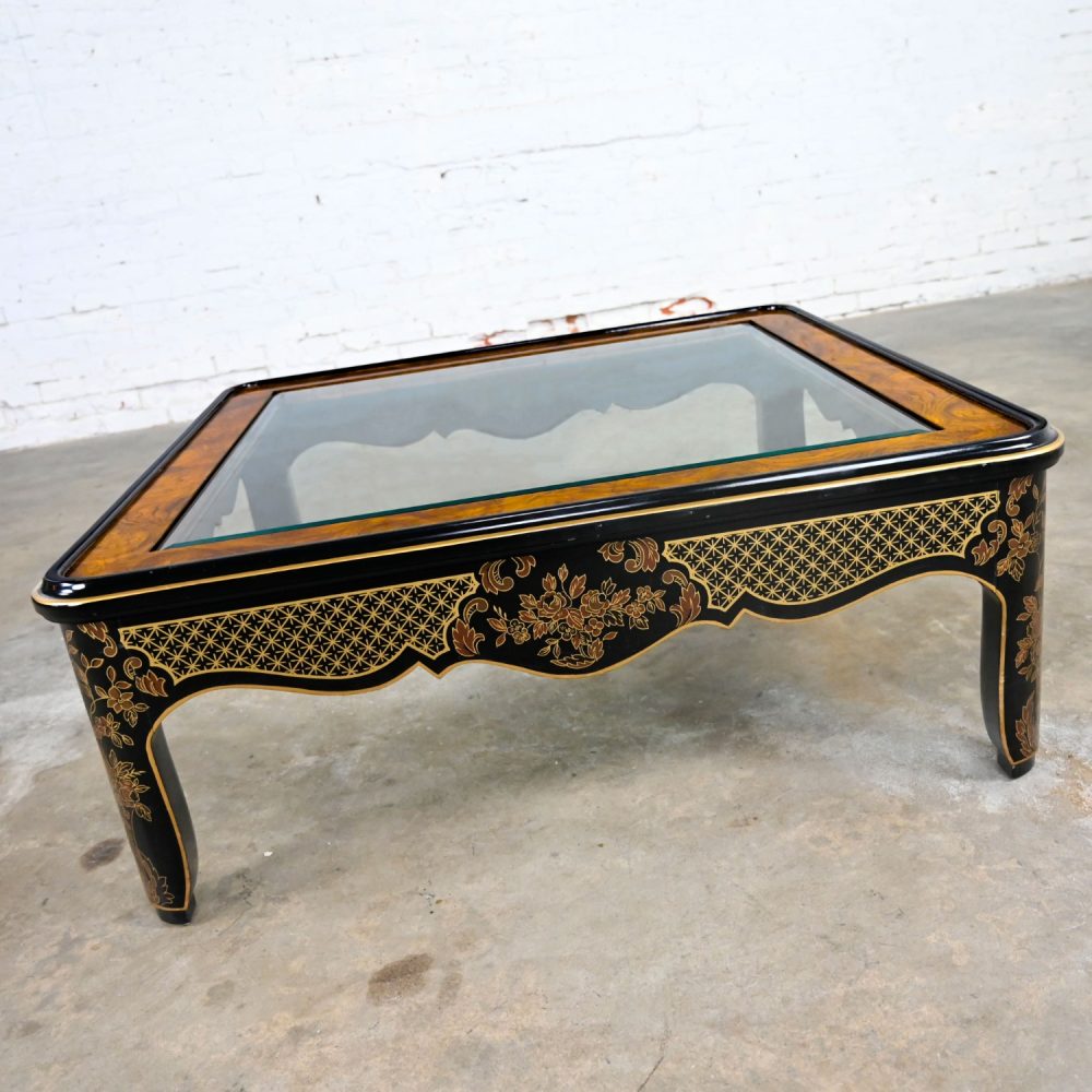 1980's Drexel Heritage ET Cetera Collection Chinoiserie Black & Gold Painted & Burl Coffee Table Glass Insert