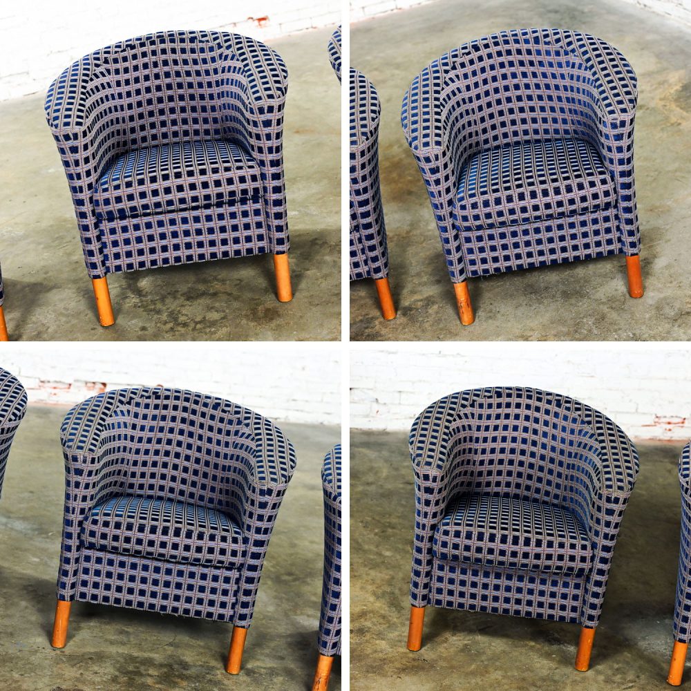 Late 20th Century Modern Petite Tub Chairs Navy Plaid Fabric & Maple Legs by Patrician Furniture Set of 4