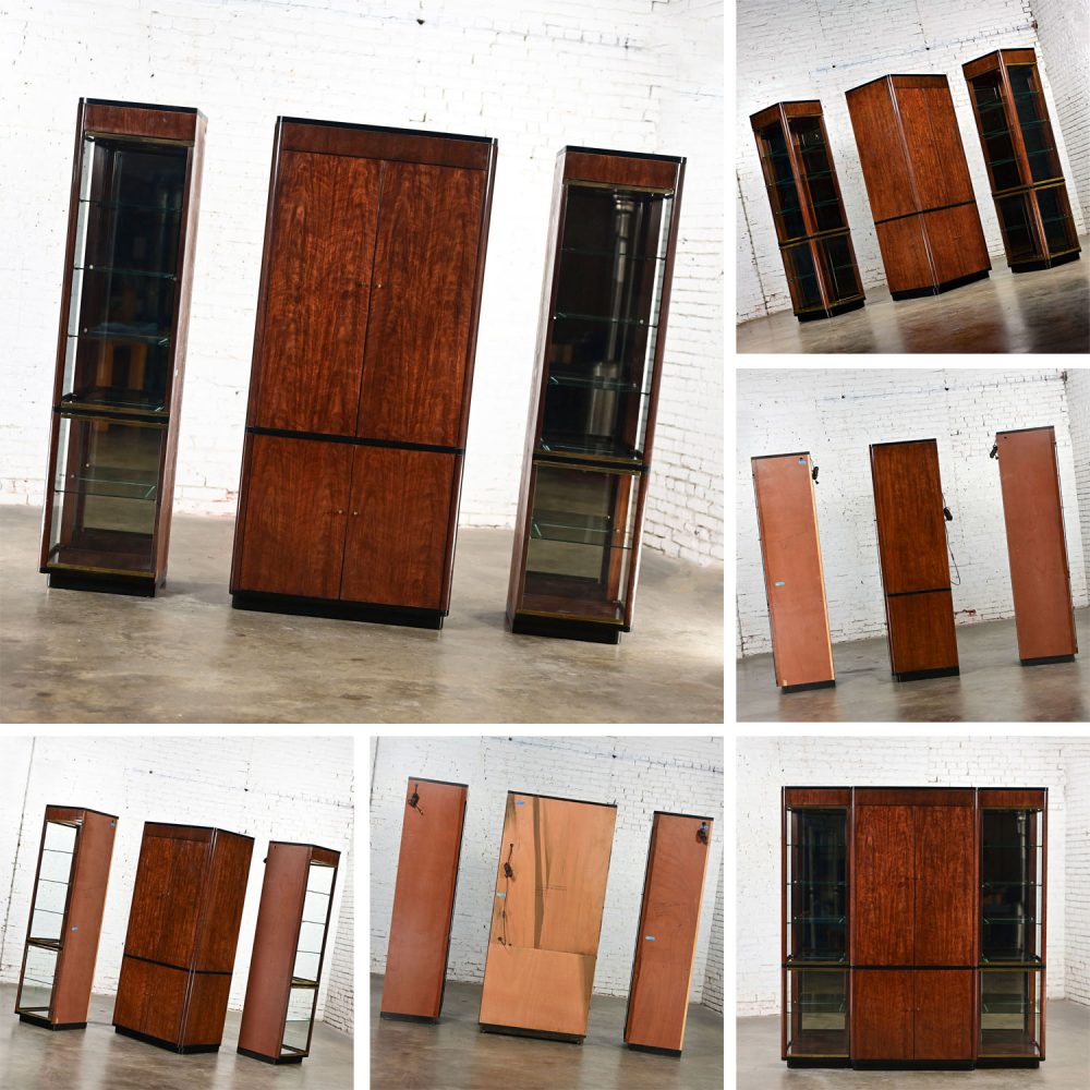 Late 20th Century Modern Black & Burl Drexel Heritage 3 Piece Lighted Wall Display Vitrine or Storage Unit