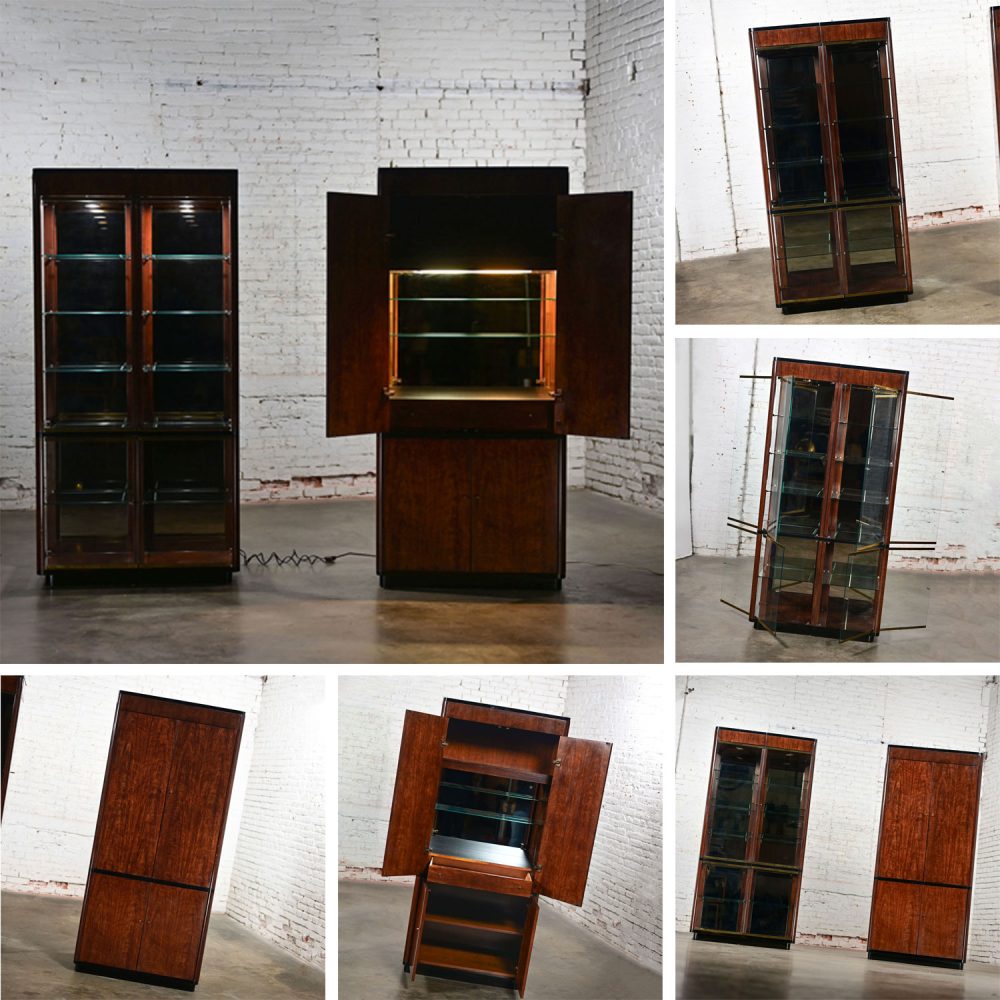 Late 20th Century Modern Black & Burl Drexel Heritage 3 Piece Lighted Wall Display Vitrine or Storage Unit