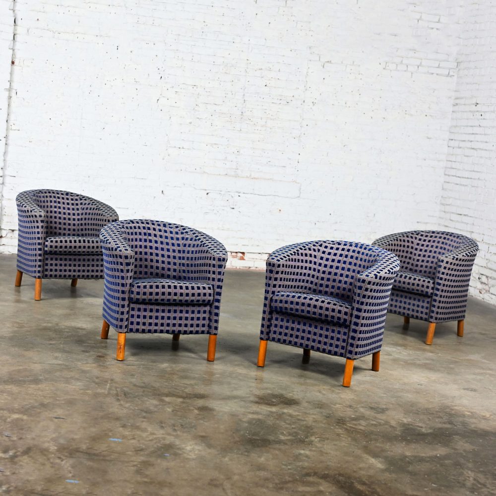 Late 20th Century Modern Petite Tub Chairs Navy Plaid Fabric & Maple Legs by Patrician Furniture Set of 4