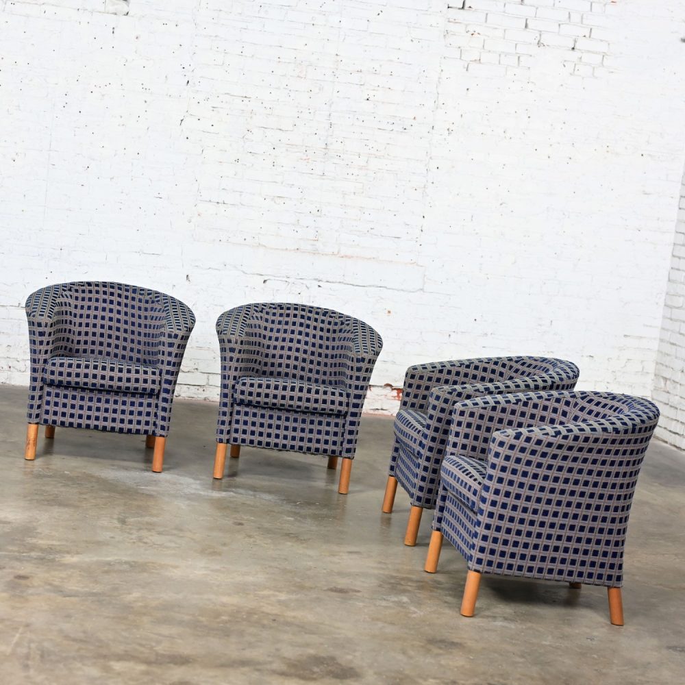 Late 20th Century Modern Petite Tub Chairs Navy Plaid Fabric & Maple Legs by Patrician Furniture Set of 4