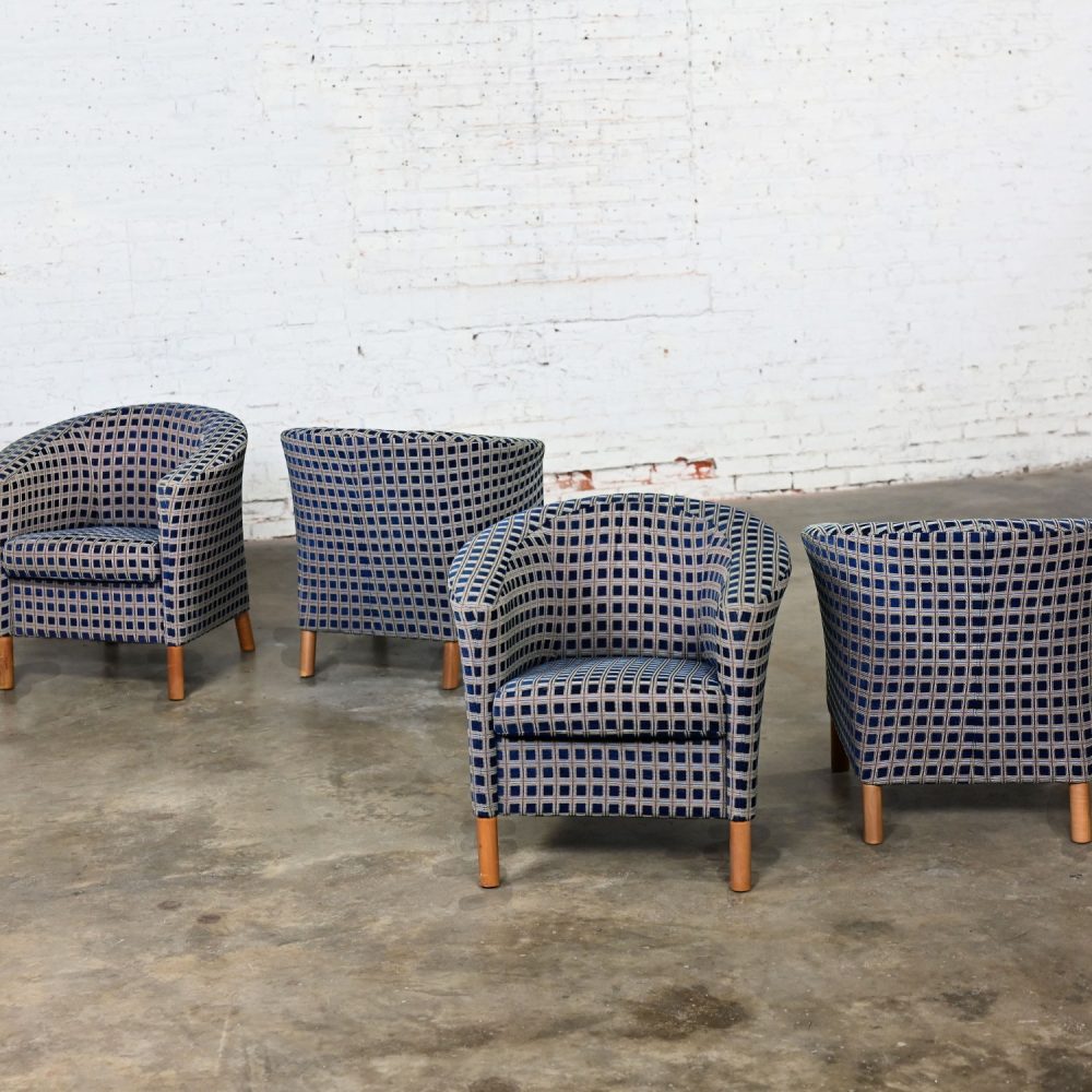 Late 20th Century Modern Petite Tub Chairs Navy Plaid Fabric & Maple Legs by Patrician Furniture Set of 4