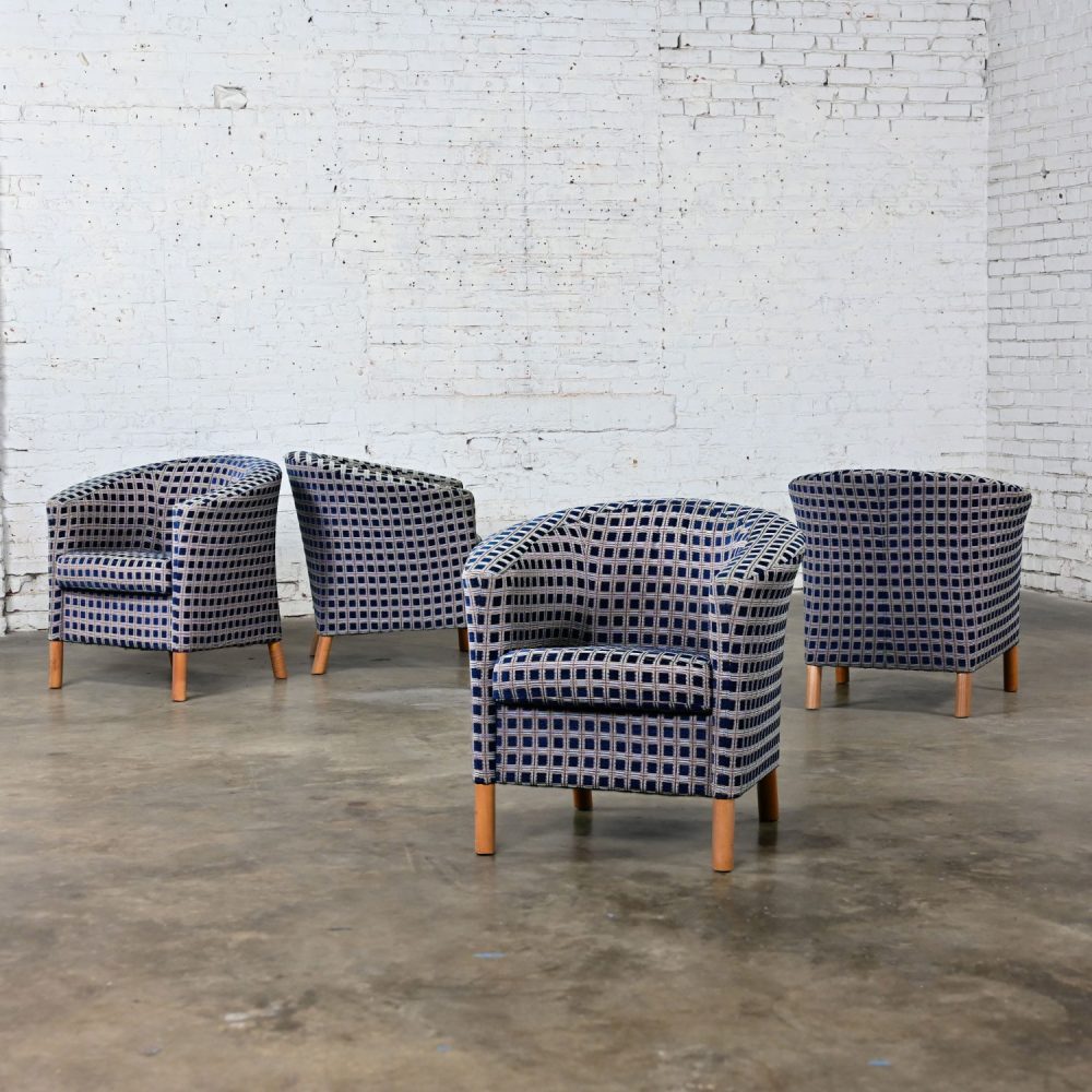 Late 20th Century Modern Petite Tub Chairs Navy Plaid Fabric & Maple Legs by Patrician Furniture Set of 4