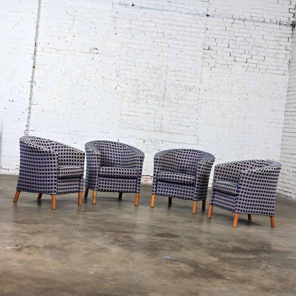 Late 20th Century Modern Petite Tub Chairs Navy Plaid Fabric & Maple Legs by Patrician Furniture Set of 4