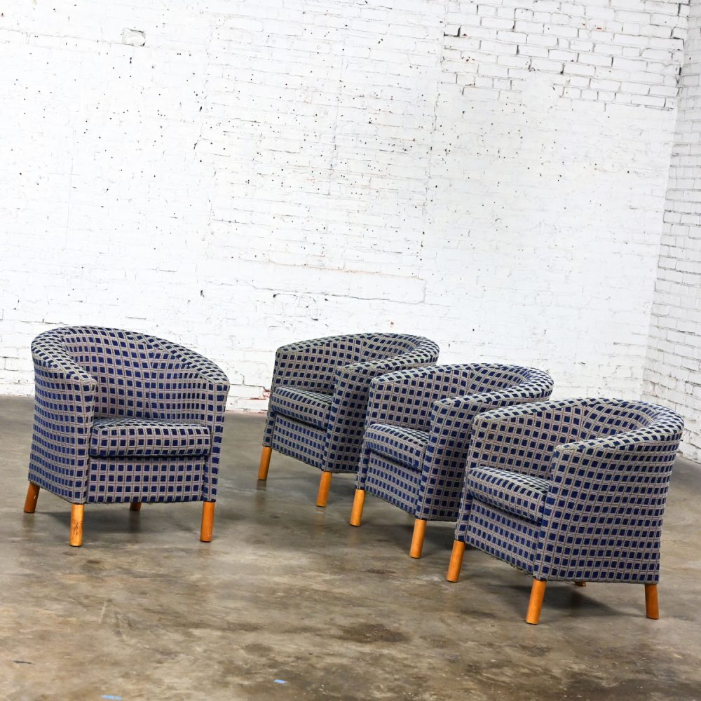 Late 20th Century Modern Petite Tub Chairs Navy Plaid Fabric & Maple Legs by Patrician Furniture Set of 4