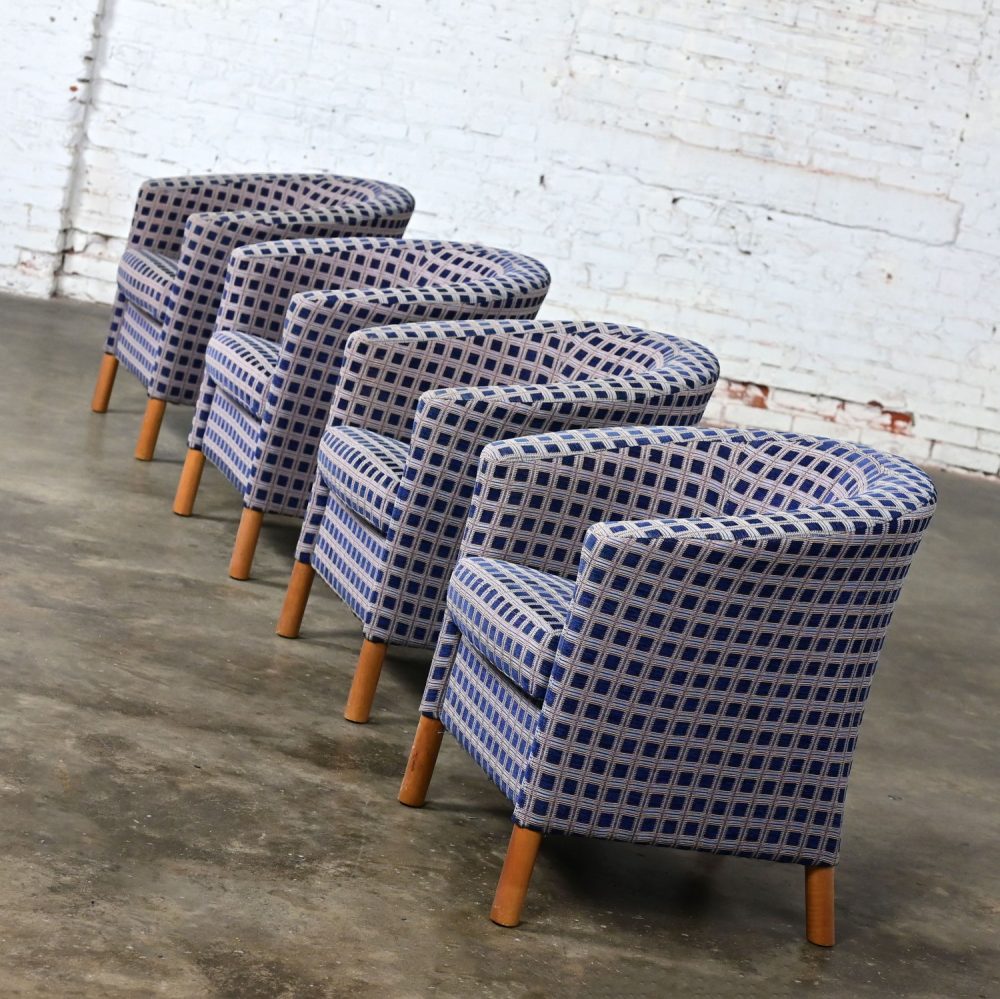 Late 20th Century Modern Petite Tub Chairs Navy Plaid Fabric & Maple Legs by Patrician Furniture Set of 4