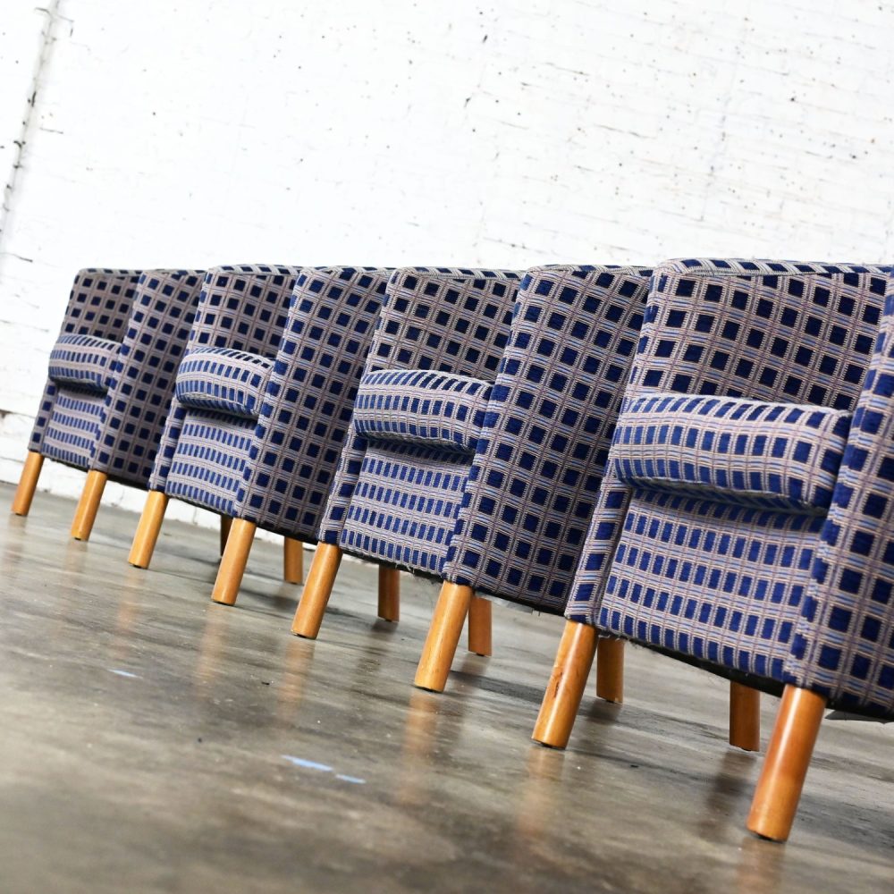 Late 20th Century Modern Petite Tub Chairs Navy Plaid Fabric & Maple Legs by Patrician Furniture Set of 4