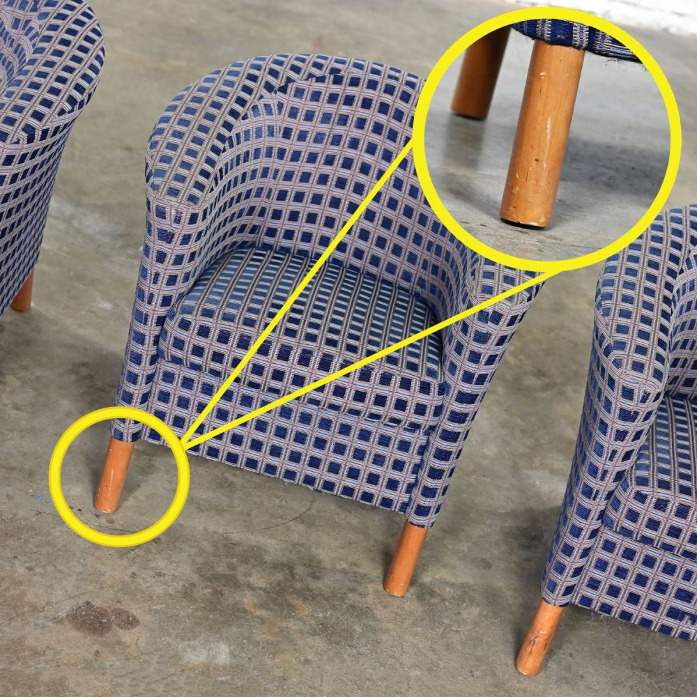 Late 20th Century Modern Petite Tub Chairs Navy Plaid Fabric & Maple Legs by Patrician Furniture Set of 4