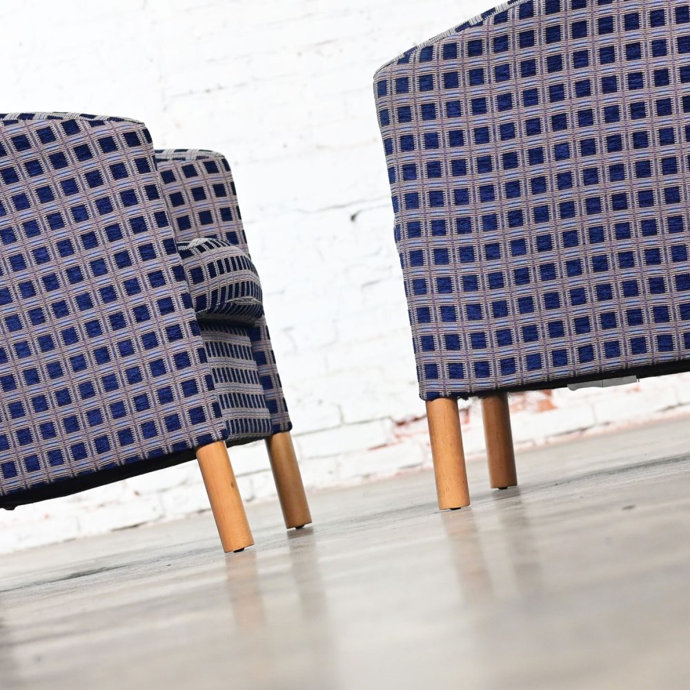 Late 20th Century Modern Petite Tub Chairs Navy Plaid Fabric & Maple Legs by Patrician Furniture Set of 4