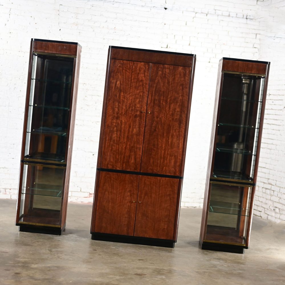 Late 20th Century Modern Black & Burl Drexel Heritage 3 Piece Lighted Wall Display Vitrine or Storage Unit