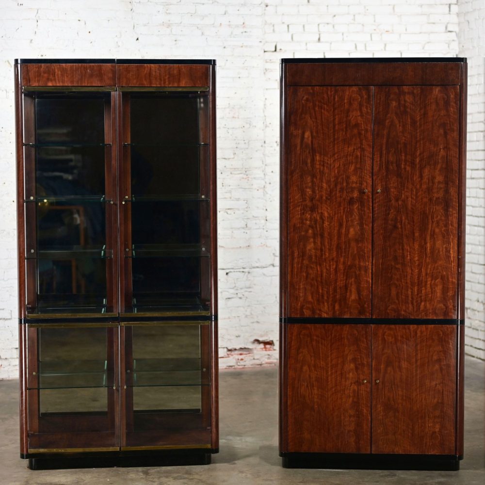 Late 20th Century Modern Black & Burl Drexel Heritage 3 Piece Lighted Wall Display Vitrine or Storage Unit