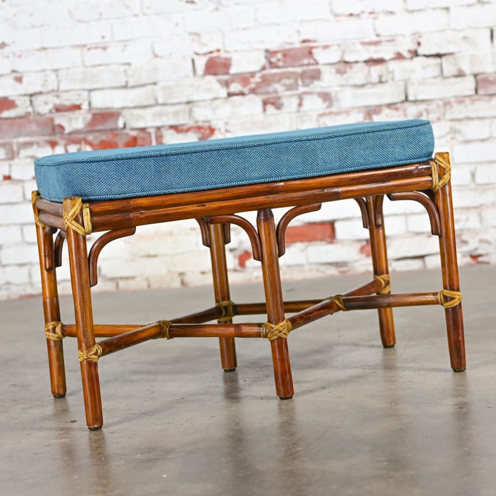 Late 20th Century Coastal Style Bench Rattan & Rawhide Wrapped by McGuire w/ Removeable Cushion