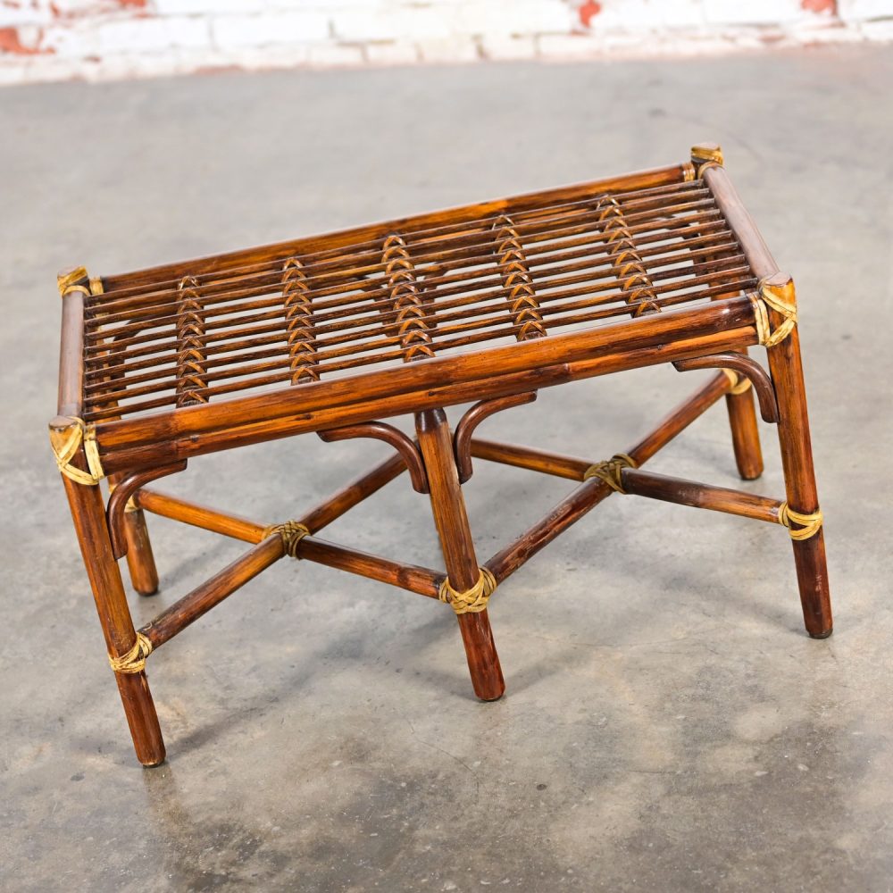 Late 20th Century Coastal Style Bench Rattan & Rawhide Wrapped by McGuire w/ Removeable Cushion