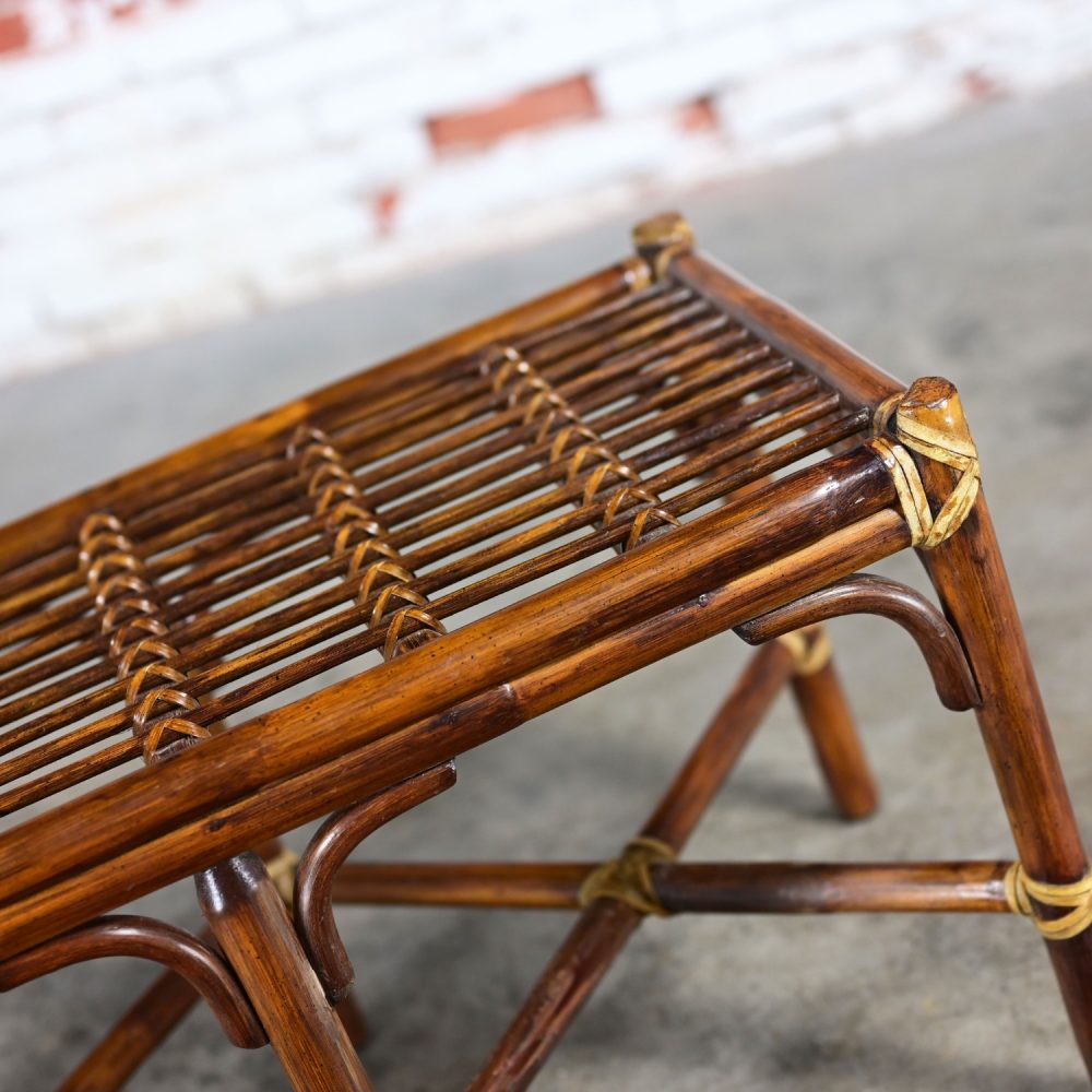 Late 20th Century Coastal Style Bench Rattan & Rawhide Wrapped by McGuire w/ Removeable Cushion