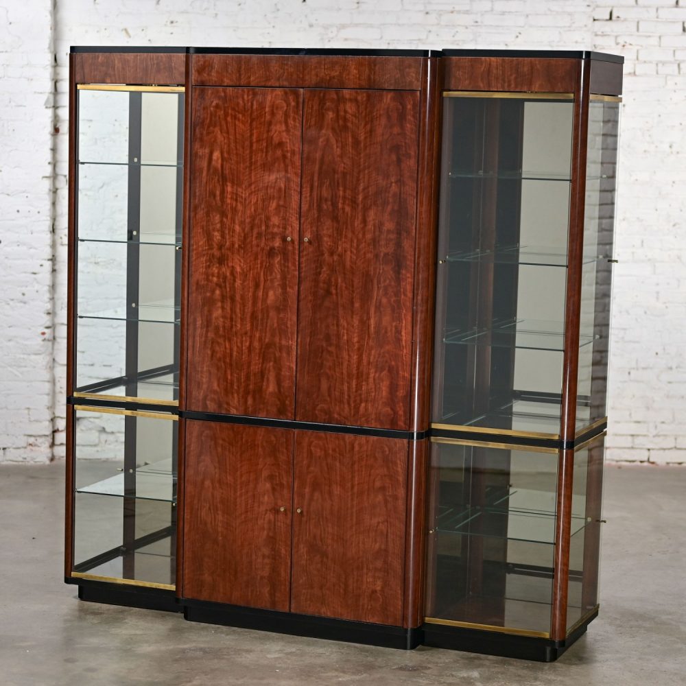 Late 20th Century Modern Black & Burl Drexel Heritage 3 Piece Lighted Wall Display Vitrine or Storage Unit