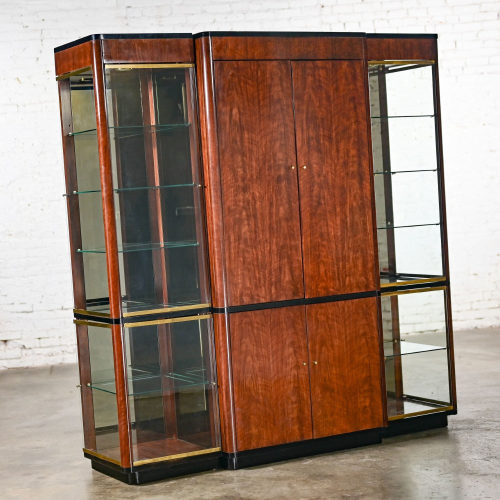 Late 20th Century Modern Black & Burl Drexel Heritage 3 Piece Lighted Wall Display Vitrine or Storage Unit