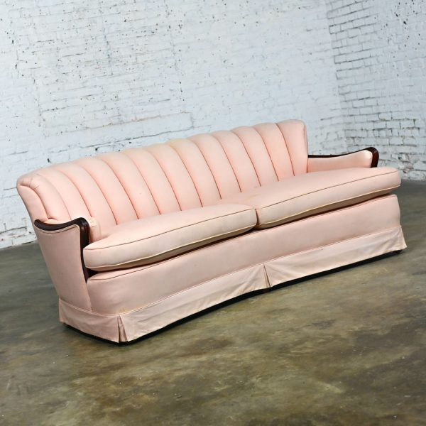 Early to Mid-20th Century Art Deco to Art Nouveau Pink Channeled Back Sofa w/Walnut Arms Frame Only