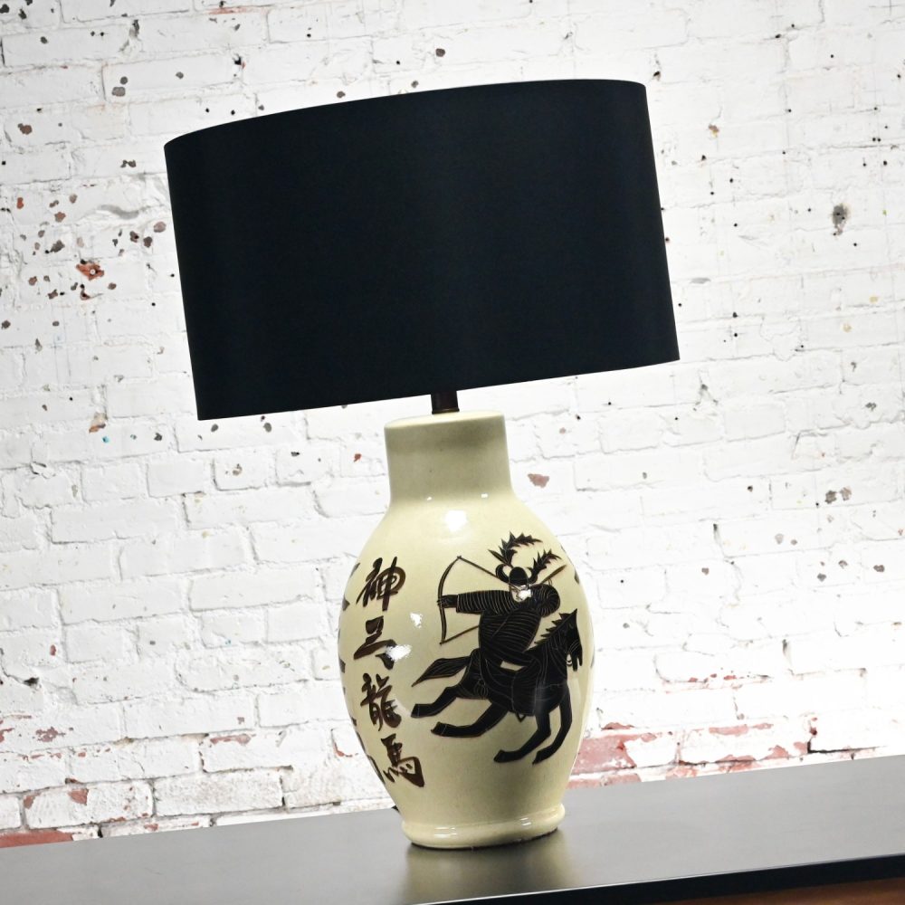 1960’s Asian Chinoiserie Style Large Scale Ceramic Table Lamp with Painted Warrior on Horse