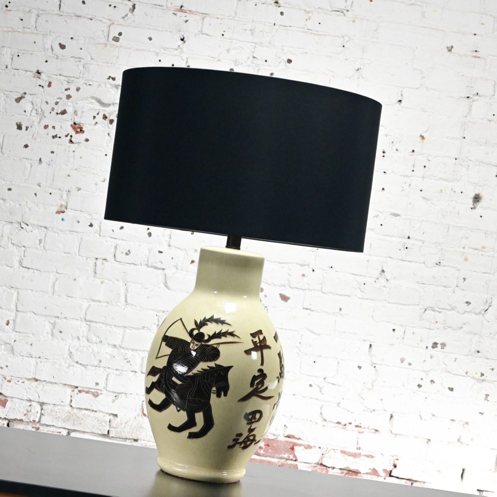 1960’s Asian Chinoiserie Style Large Scale Ceramic Table Lamp with Painted Warrior on Horse