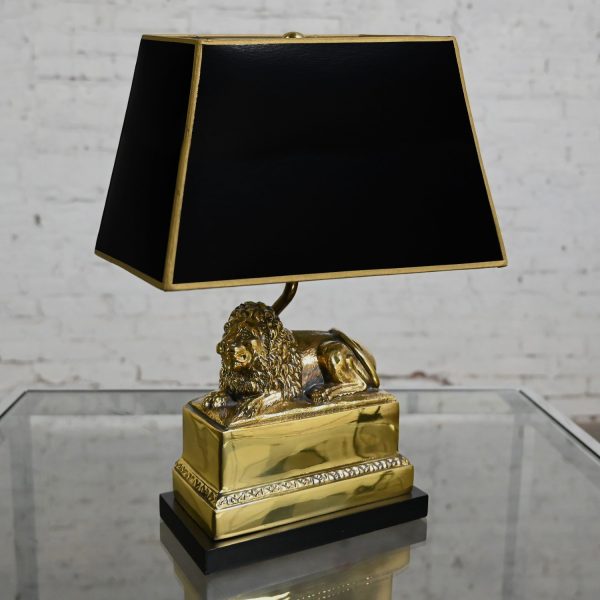 Late 20th Century Neoclassic Brass Lion Low Desk Lamp with Rectangular Black Shade