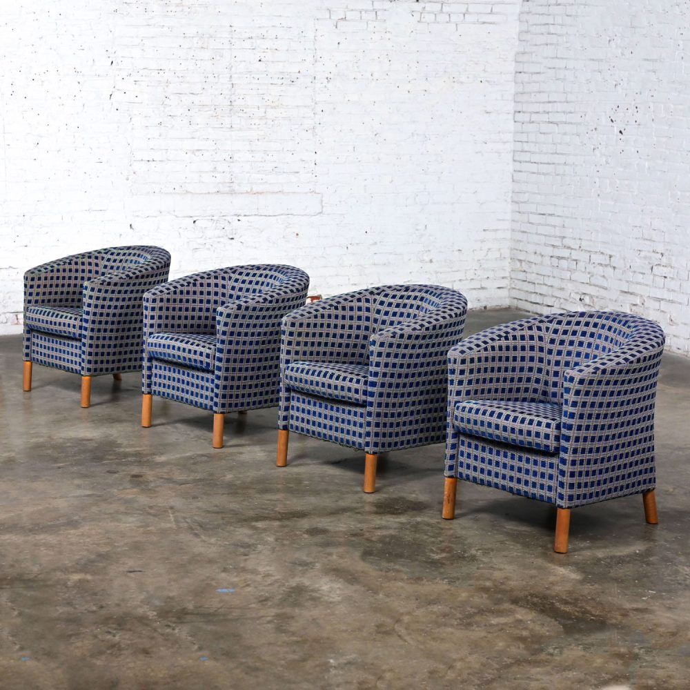 Late 20th Century Modern Petite Tub Chairs Navy Plaid Fabric & Maple Legs by Patrician Furniture Set of 4