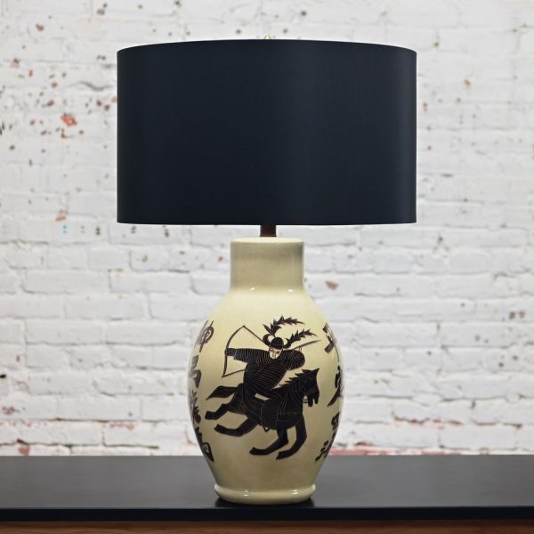 1960’s Asian Chinoiserie Style Large Scale Ceramic Table Lamp with Painted Warrior on Horse