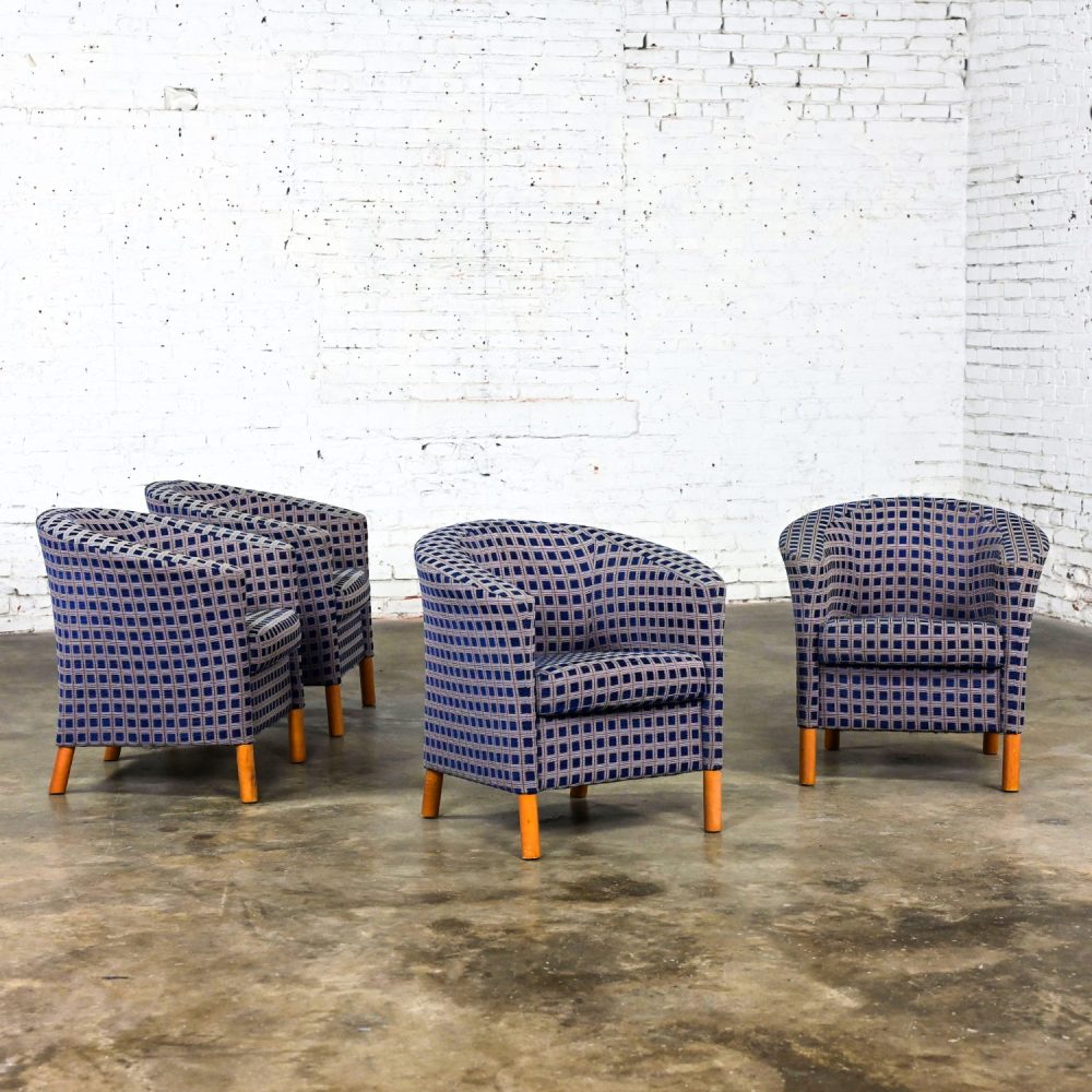 Late 20th Century Modern Petite Tub Chairs Navy Plaid Fabric & Maple Legs by Patrician Furniture Set of 4