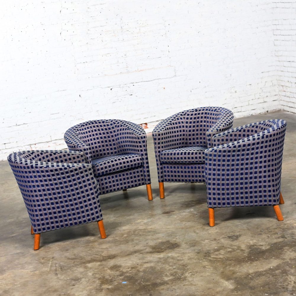 Late 20th Century Modern Petite Tub Chairs Navy Plaid Fabric & Maple Legs by Patrician Furniture Set of 4