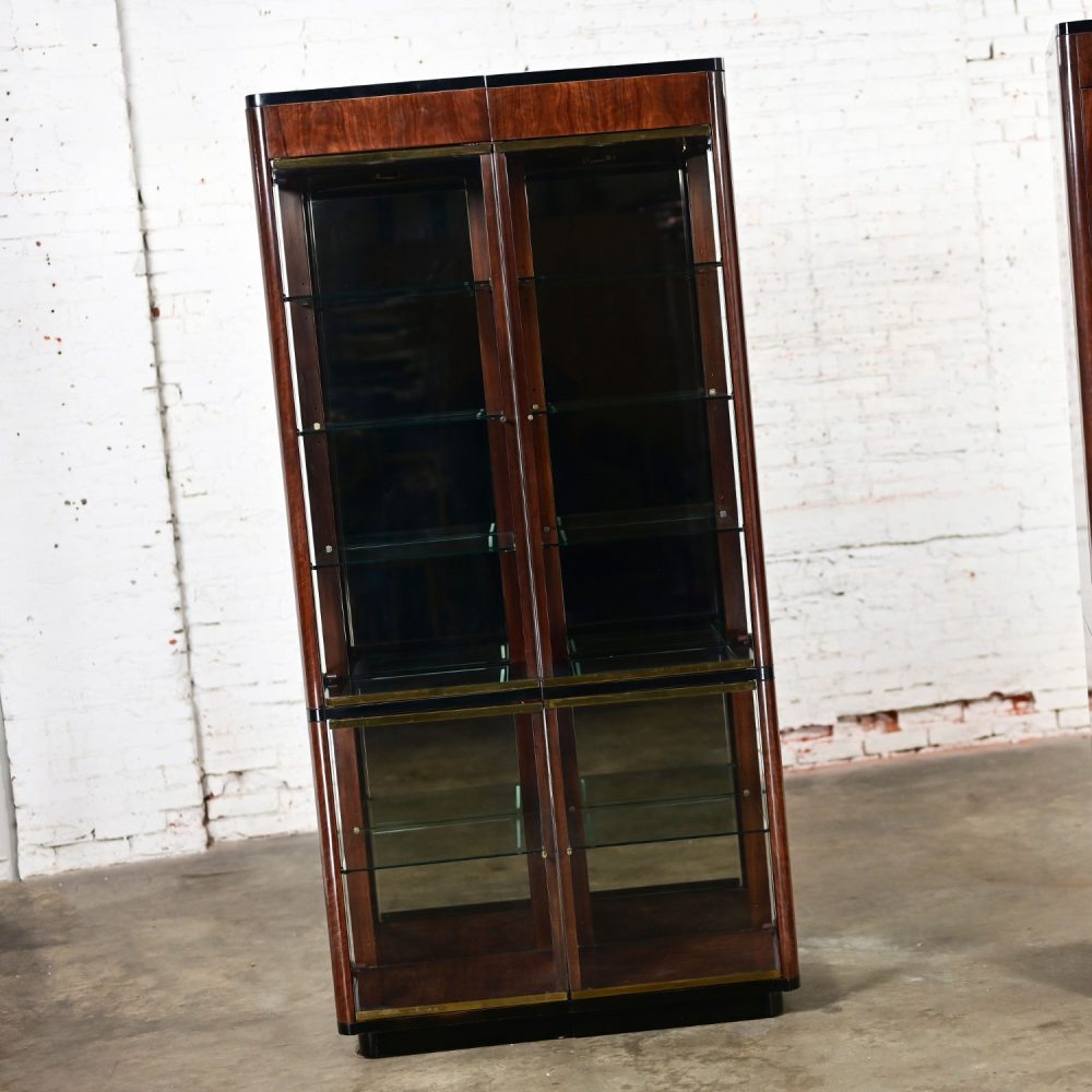 Late 20th Century Modern Black & Burl Drexel Heritage 3 Piece Lighted Wall Display Vitrine or Storage Unit