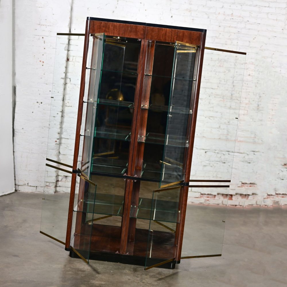 Late 20th Century Modern Black & Burl Drexel Heritage 3 Piece Lighted Wall Display Vitrine or Storage Unit