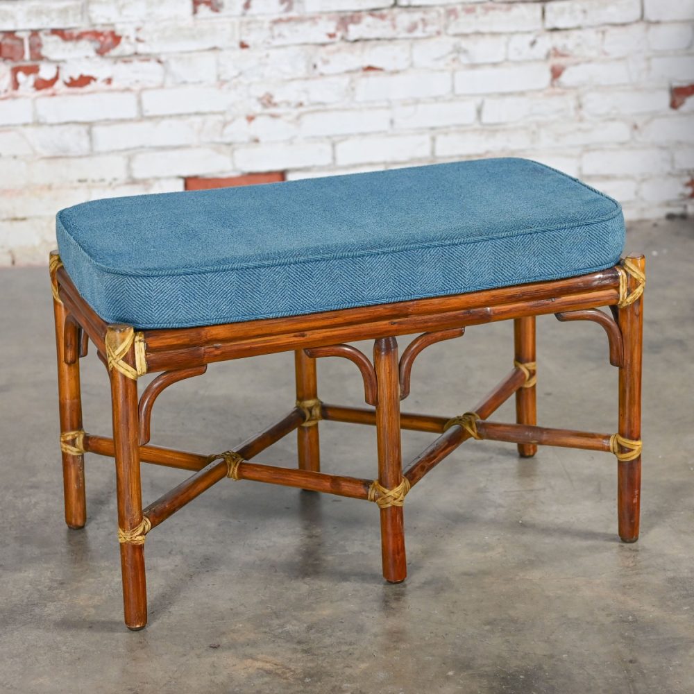 Late 20th Century Coastal Style Bench Rattan & Rawhide Wrapped by McGuire w/ Removeable Cushion