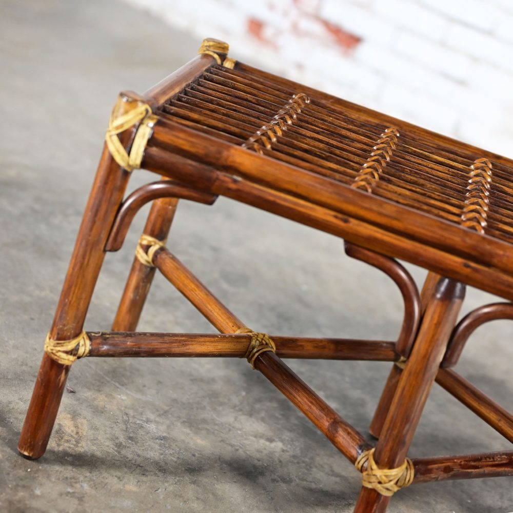 Late 20th Century Coastal Style Bench Rattan & Rawhide Wrapped by McGuire w/ Removeable Cushion