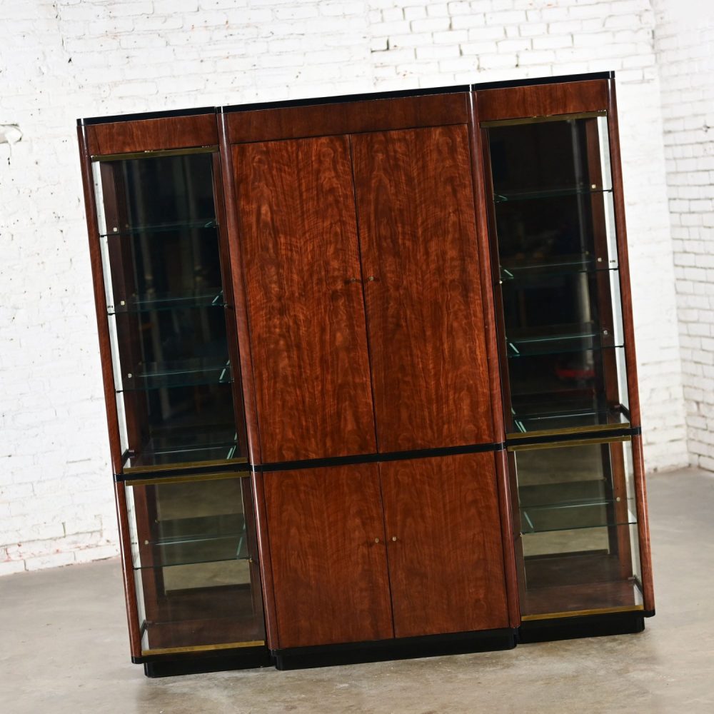 Late 20th Century Modern Black & Burl Drexel Heritage 3 Piece Lighted Wall Display Vitrine or Storage Unit