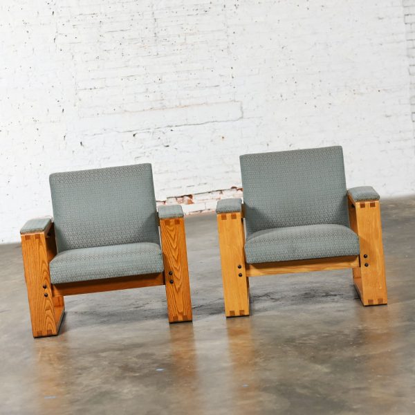 Late 20th Century Modern Open Frame Club Chairs Oak Frames with Floating Seat & Back a Pair