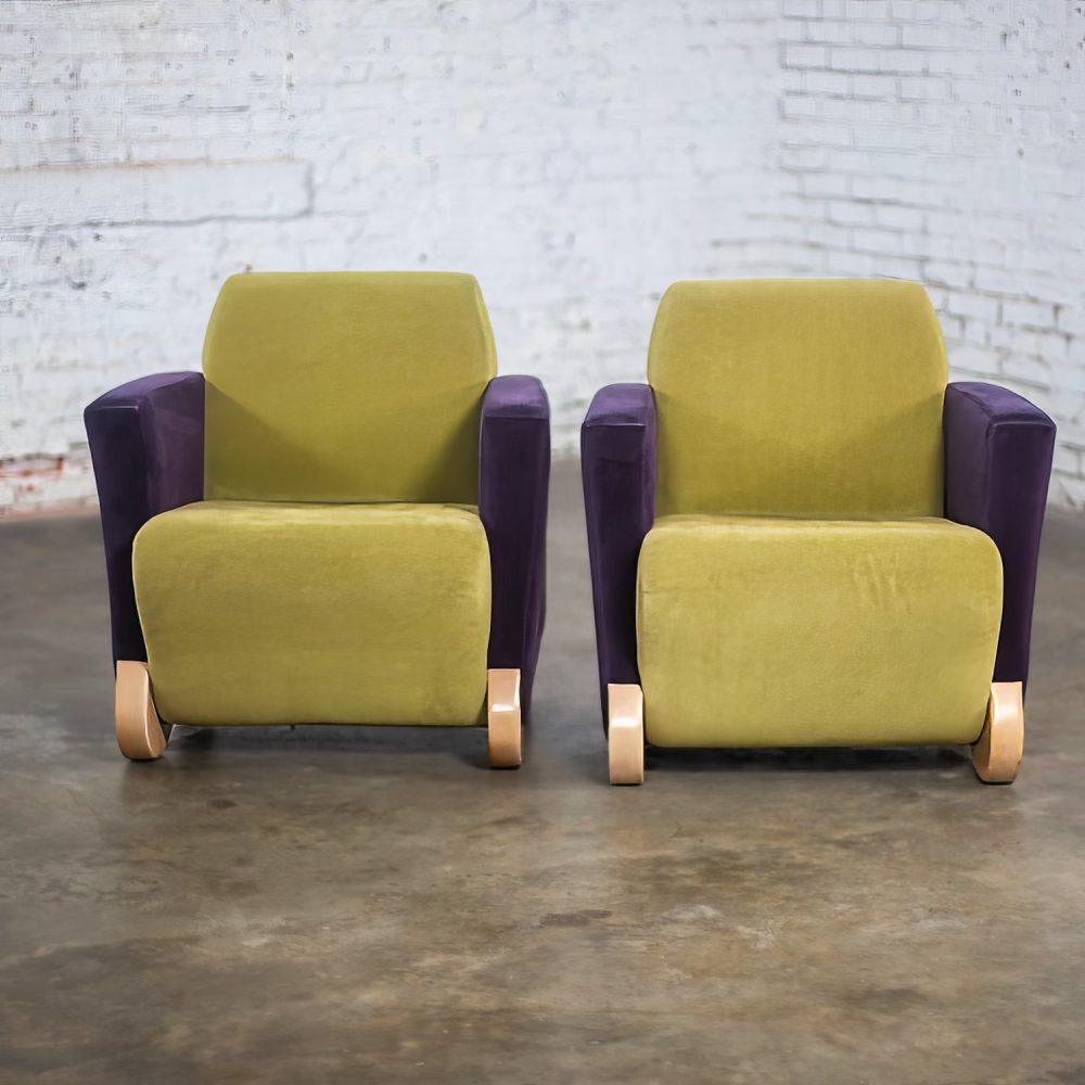 Postmodern Pair of Martin/Brattrud Think Fast Lounge or Club Chairs w/Purple & Green Maharam Mohair Fabric